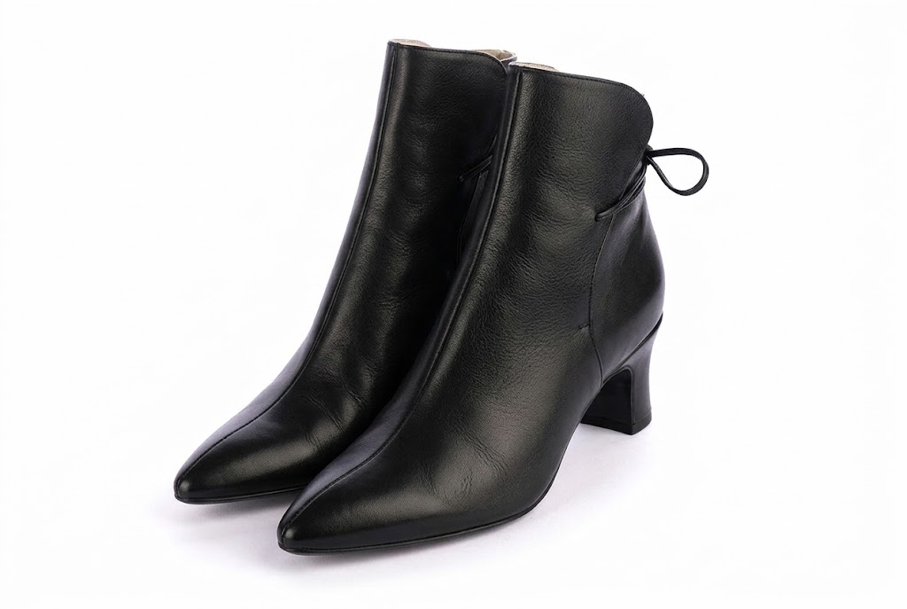 Women's black back lace-up ankle boots with almond toe and mid spool heel - Front view